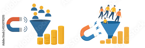 Marketing concept showing customer attraction and revenue generation using a funnel and magnet in a modern digital environment