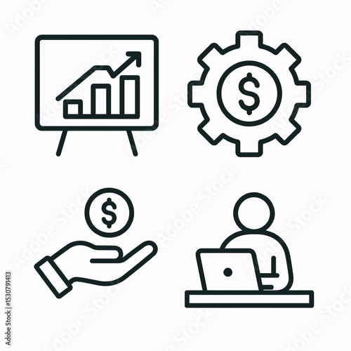 Icons depicting growth, finance, investment, and online work. Suitable for financial websites, presentations, and marketing materials targeting entrepreneurs and investors.