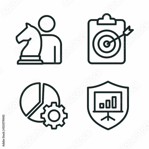 Icons depicting strategy, analysis, planning, targets, and security. Suitable for presentations, websites, blogs, and social media posts. Great for business and technology concepts.