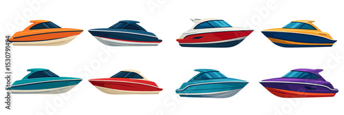 Colorful collection of cartoon boats displayed in various orientations on white background