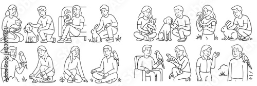 People engaging with various pets in a park during a sunny day, enjoying their time with animals