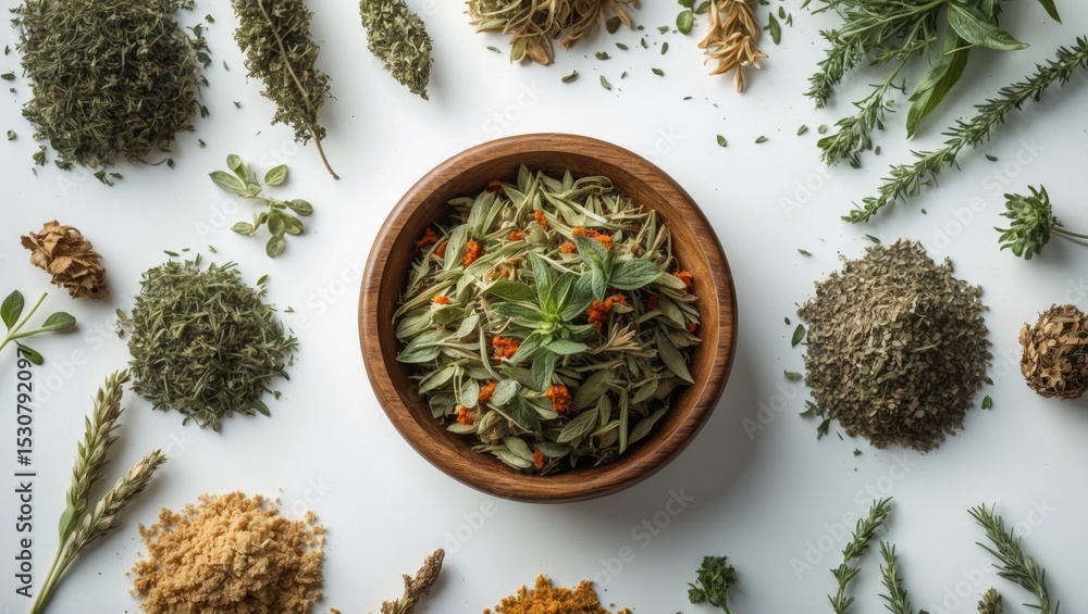Fototapeta premium Capsella bursa-pastoris placed in a small wooden bowl, isolated on white background.