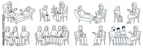 Various therapeutic activities depicting individuals in conversation, guidance, and support across different settings