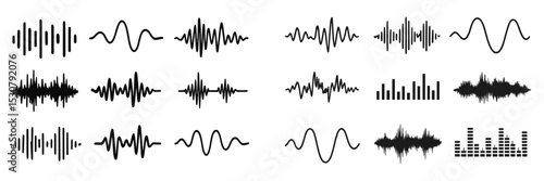 Various sound wave patterns represented in black graphics showcasing different frequencies and amplitudes in a clean layout