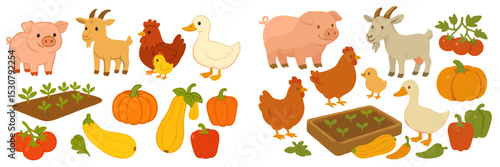 Farm animals and fresh produce populate a colorful countryside illustration depicting sustainable agriculture