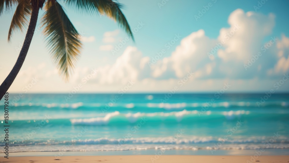 Fototapeta premium Blurred Background of Peaceful Tropical Beach Scene with Verdant Palm Trees and Transparent Blue Ocean beneath a Bright Sky. Out-of-focus Image for Background.