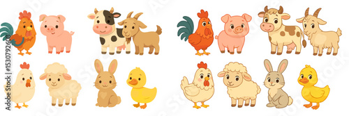 Farm animals gathering and playing together in a colorful illustration showcasing various characters and their friendly interactions