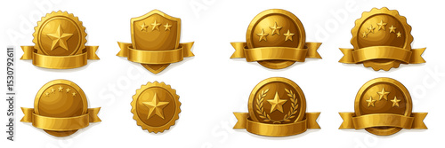Collection of eight golden award badges showcasing various star ratings and decorative elements for achievement recognition