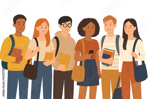 Group of diverse students posing together on a school campus during a sunny day