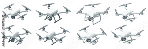 Collection of modern drones displayed on a white background showcasing various designs and features for technology enthusiasts