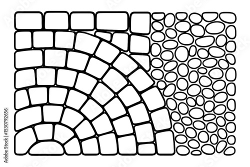 Creative design concept featuring geometric patterns of cobblestones and pebbles for outdoor landscaping