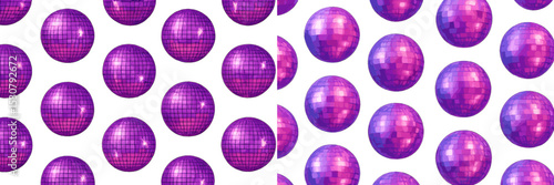 Colorful disco balls adorned in purple shine brightly against a white background, creating a lively and festive atmosphere for celebrations