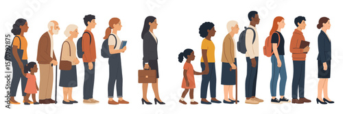 Diverse group of people of different ages waiting in line in an urban setting