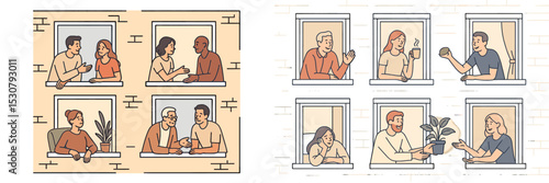Friends engaging in friendly conversations from different windows during a sunny day in an urban neighborhood