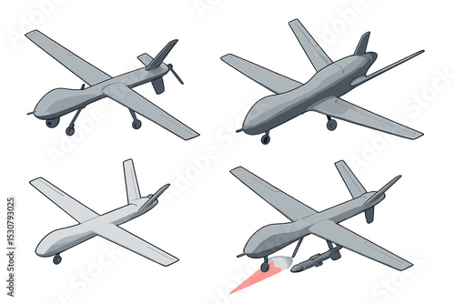 Various drone designs showcasing military and surveillance capabilities with different shapes and configurations