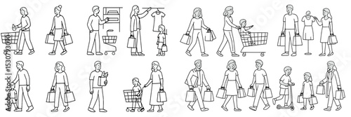 Families and individuals shopping together, diverse activities in a vibrant market, showcasing community interactions and daily life