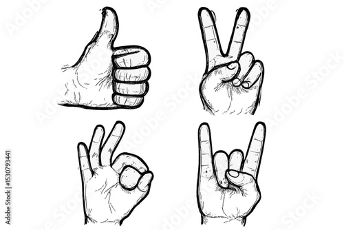 Hands showing various gestures like thumbs up, peace sign, okay sign, and rock on in a creative style