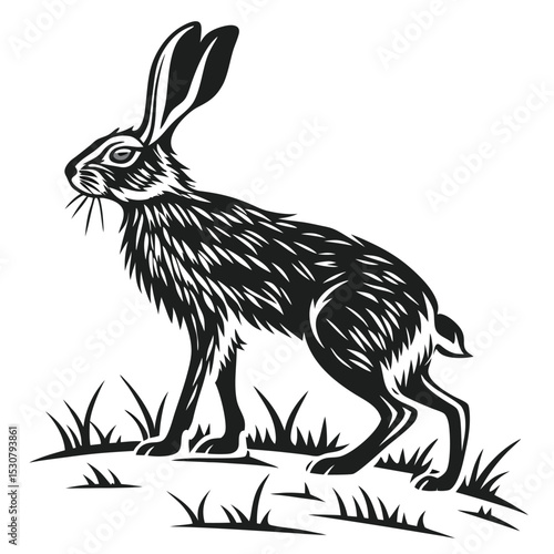 Solitary black hare standing in grass, showcasing a simple, monochromatic silhouette