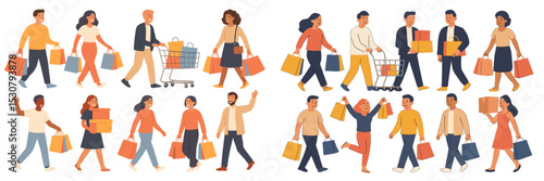 Busy shoppers with bags and carts enjoying a day at the market during the weekend