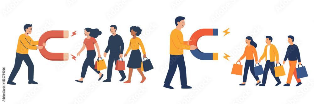 People using a large magnet to attract shoppers while walking in a shopping area during daytime People using a large magnet to attract shoppers while walking in a shopping area during daytime