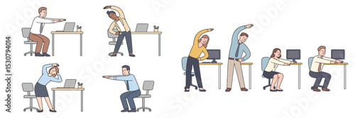 Office workers engage in stretching exercises to enhance well-being during a busy day at the workplace