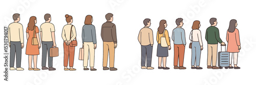 Group of people standing in line at a busy location during the day with variety of activities and attire