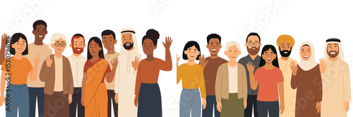 Diverse group of people smiling and waving at an event showcasing unity and friendship in a vibrant community atmosphere