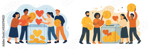 Community members engaging in charity work by donating money and love to help others during a fundraising event