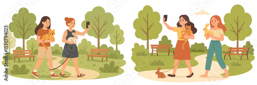 Walking in the park with pets and taking selfies on a sunny day with friends enjoying nature in a vibrant outdoor setting