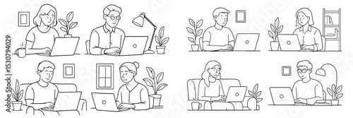 Diverse group of people working on laptops in various home settings during the day