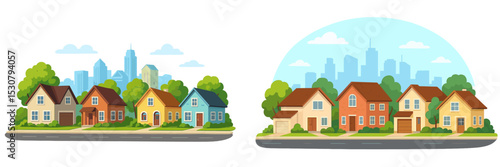 Urban and suburban houses side by side showcasing modern architecture and greenery in a vibrant cityscape