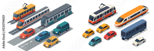 Various transportation options including trams and cars at a busy urban intersection in daylight
