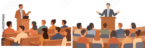 Engaging speakers present informative talks to attentive audience in a bright conference setting