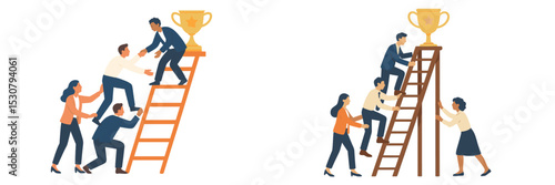 Team members help each other climb ladders to reach a trophy while celebrating teamwork in a collaborative environment