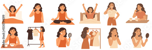 Daily routines of a woman embracing self-care and mindfulness throughout her day in various settings