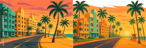 Sunset view along a beachside road with palm trees and colorful buildings in a coastal town