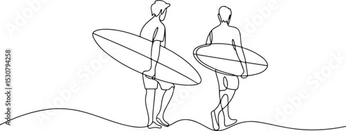 Continuous line drawing of two surfers walking with surfboards in minimalist black and white silhouette art style


