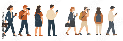 People walking in an urban area, engaged in various activities during daytime, showcasing daily life dynamics