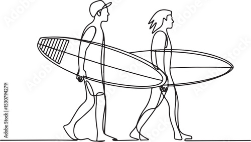 Continuous line drawing of two surfers walking with surfboards in minimalist black and white silhouette art style

