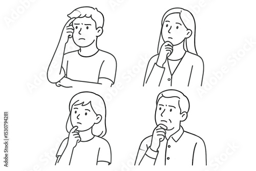 Emotions of contemplation and concern expressed by four individuals in a minimalistic setting
