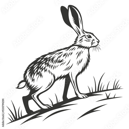 Black hare stands in a grassy meadow with ears straight up, sketched monochromatically