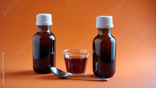 Bottles and measuring cup of cough syrup with spoon on orange background.