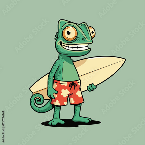 Charming chameleon character enjoying a surfboard in vibrant colors perfect for beach fun