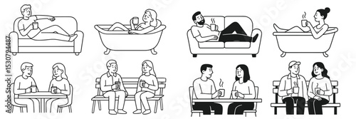 People enjoying drinks in various relaxing activities at home and outdoors during daytime in a casual setting