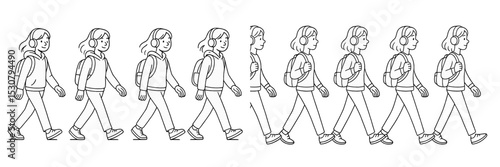 Animated sequence showing a girl walking while wearing headphones and carrying a backpack in a casual setting