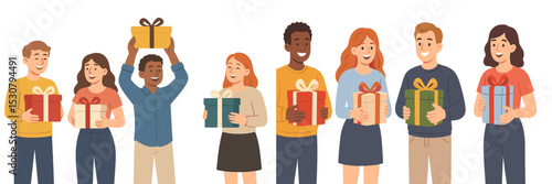 Celebration of friendship with diverse group holding colorful gifts during festive gathering