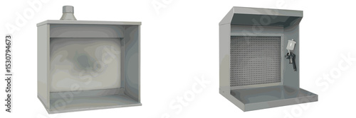 Industrial gray spray booth with ventilation system and work surface for painting and finishing projects
