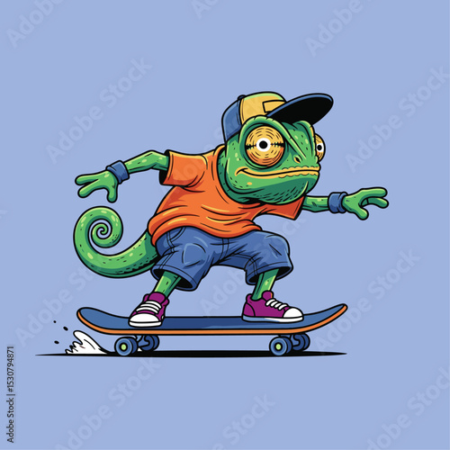 Colorful chameleon skateboarder with sunglasses embodying cool urban vibe