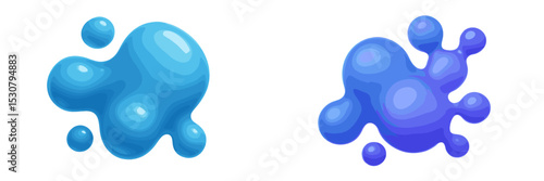 Colorful blue and purple paint droplet shapes creating an abstract design on a white background