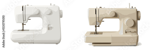 Modern and vintage sewing machines side by side showcasing design contrasts in a well-lit workspace